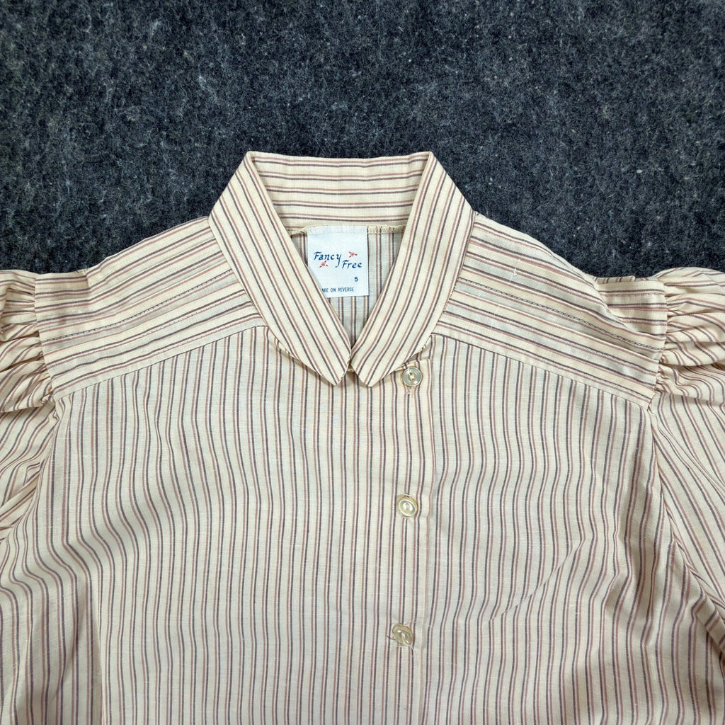 Fancy Free Vintage 80s Puff Sleeve Blouse Womens 5 Tan Striped New - take2supply