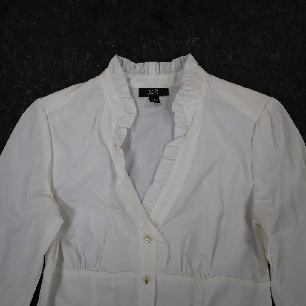 AGB Blouse Womens Small White Stretch Cotton Ruffle V-Neck Long Sleeve Button Up - take2supply