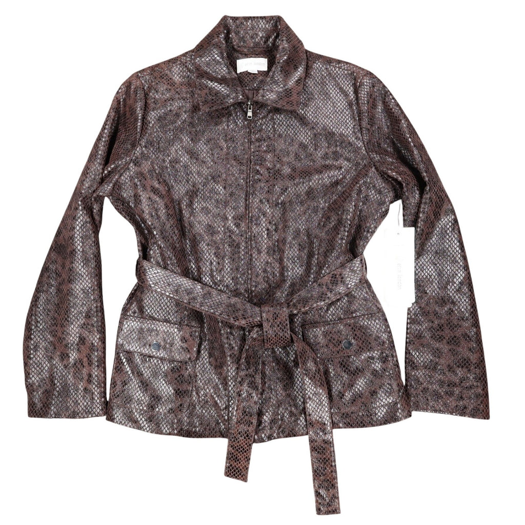 Erin London Snakeskin Print Belted Jacket Womens Size M Brown Faux Leather Zip - take2supply