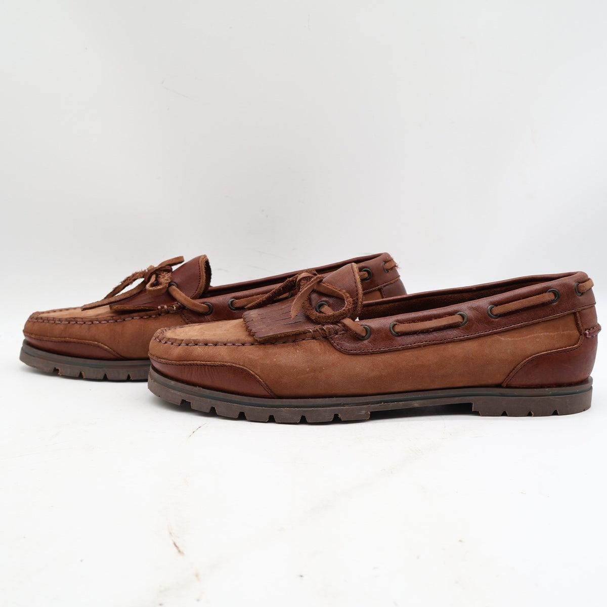 Barclay Kiltie Loafers Mens 12M Vintage Brown Leather Lug Sole Boat Shoes - take2supply