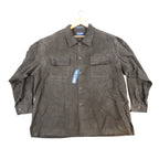 Front view of a brown Alan Flusser button-front shirt jacket with two flap chest pockets