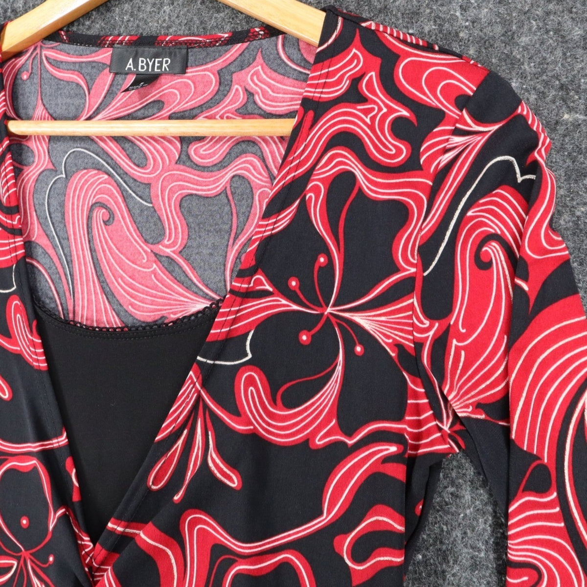 A. Byer Top Womens Small Y2K Red Black Swirl Metallic Knot Front 2-in-1 Layered - take2supply