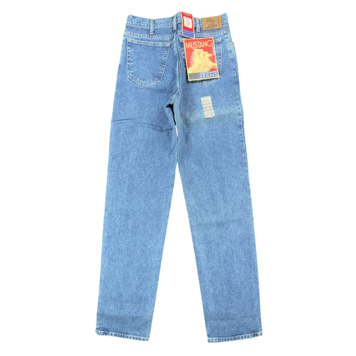 Blue Mustang jeans, full-length back view with tags and size sticker