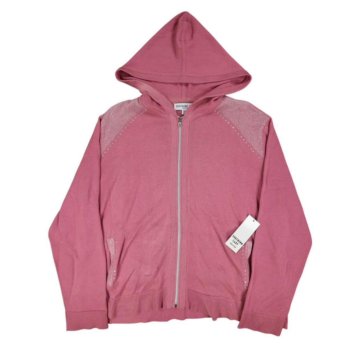 Southern Lady Petite PXL Pink Embellished Hooded Zip Cardigan Sweater NWT - take2supply