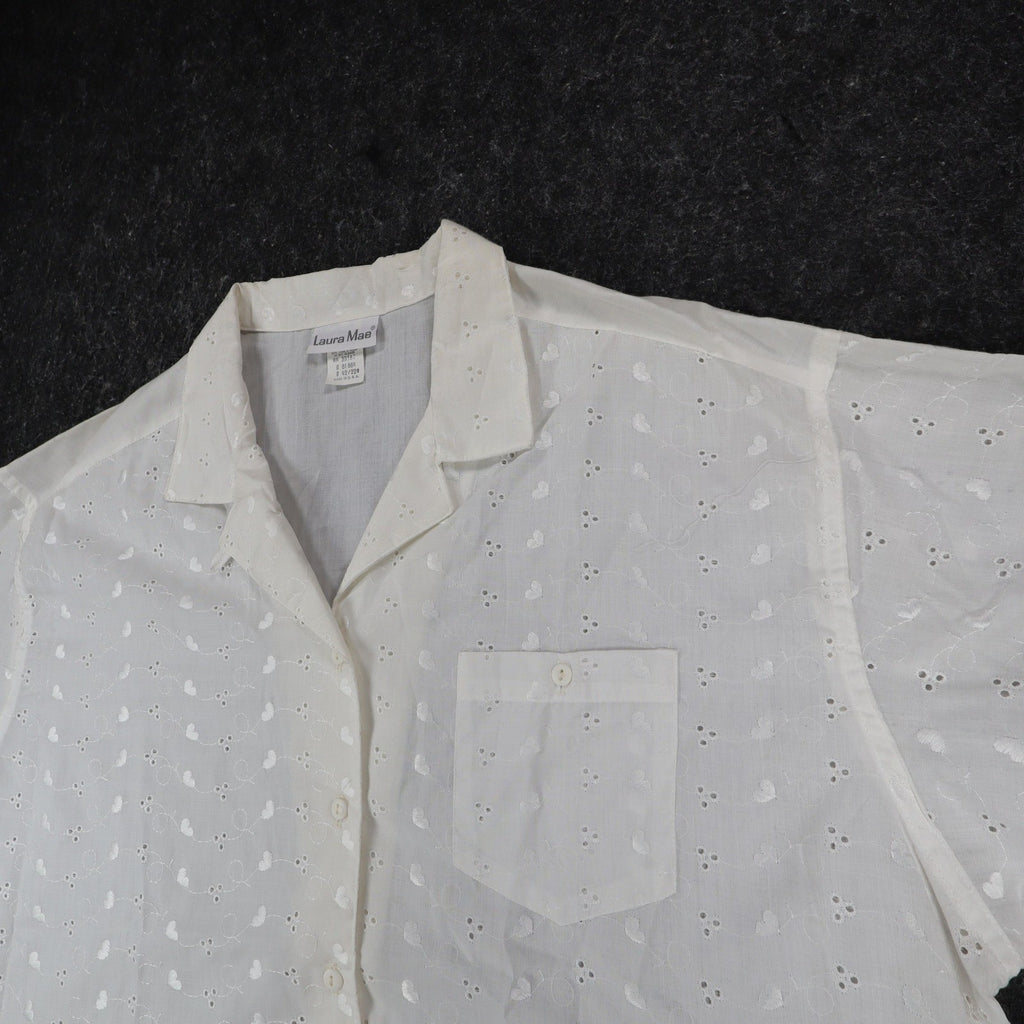 Laura Mae Shirt Womens 22W Vintage 80s White Eyelet Heart Embroidered USA NWT - take2supply