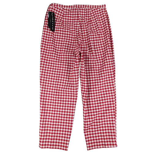 Red and white gingham AGB pants, full front view with hangtag
