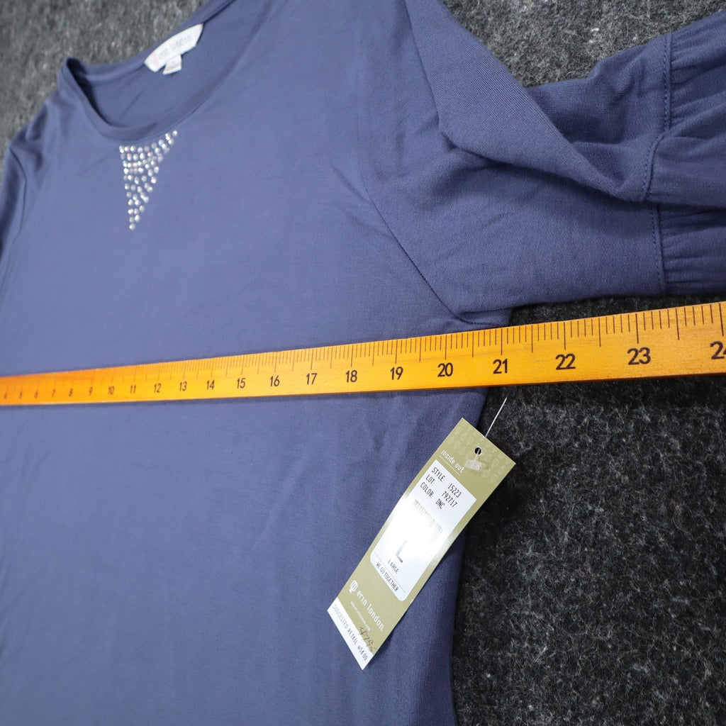 Erin London Top Womens L Blue Viscose Spandex Rhinestone Puff Sleeve NWT - take2supply