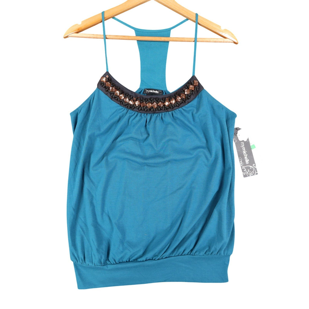 Mymichelle Tank Top Large Teal Blue Beaded Neckline Racerback Banded Hem NWT - take2supply