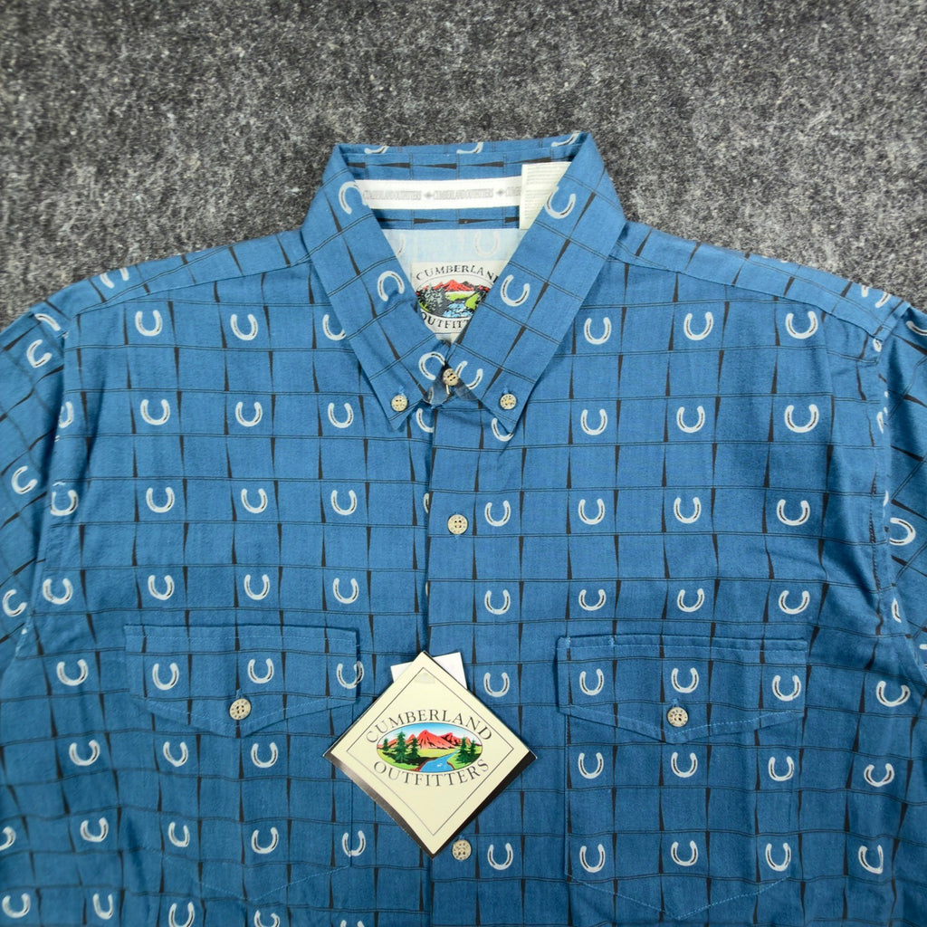 Cumberland Outfitters Western Shirt Mens Large Blue Horseshoe Cotton NWT - take2supply
