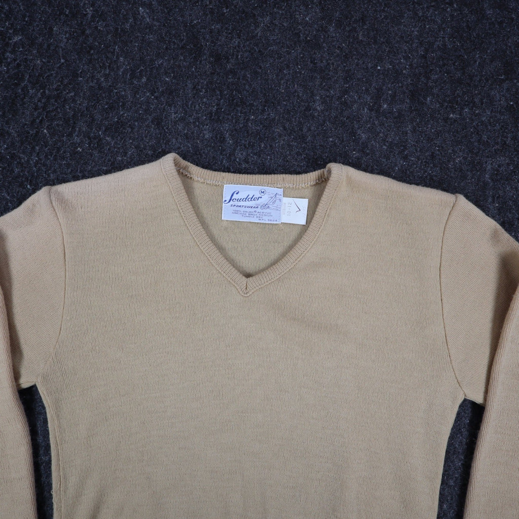 Scudder Sportswear V-Neck Sweater Youth Medium 10-12 Vintage 70s Tan Acrylic USA - take2supply