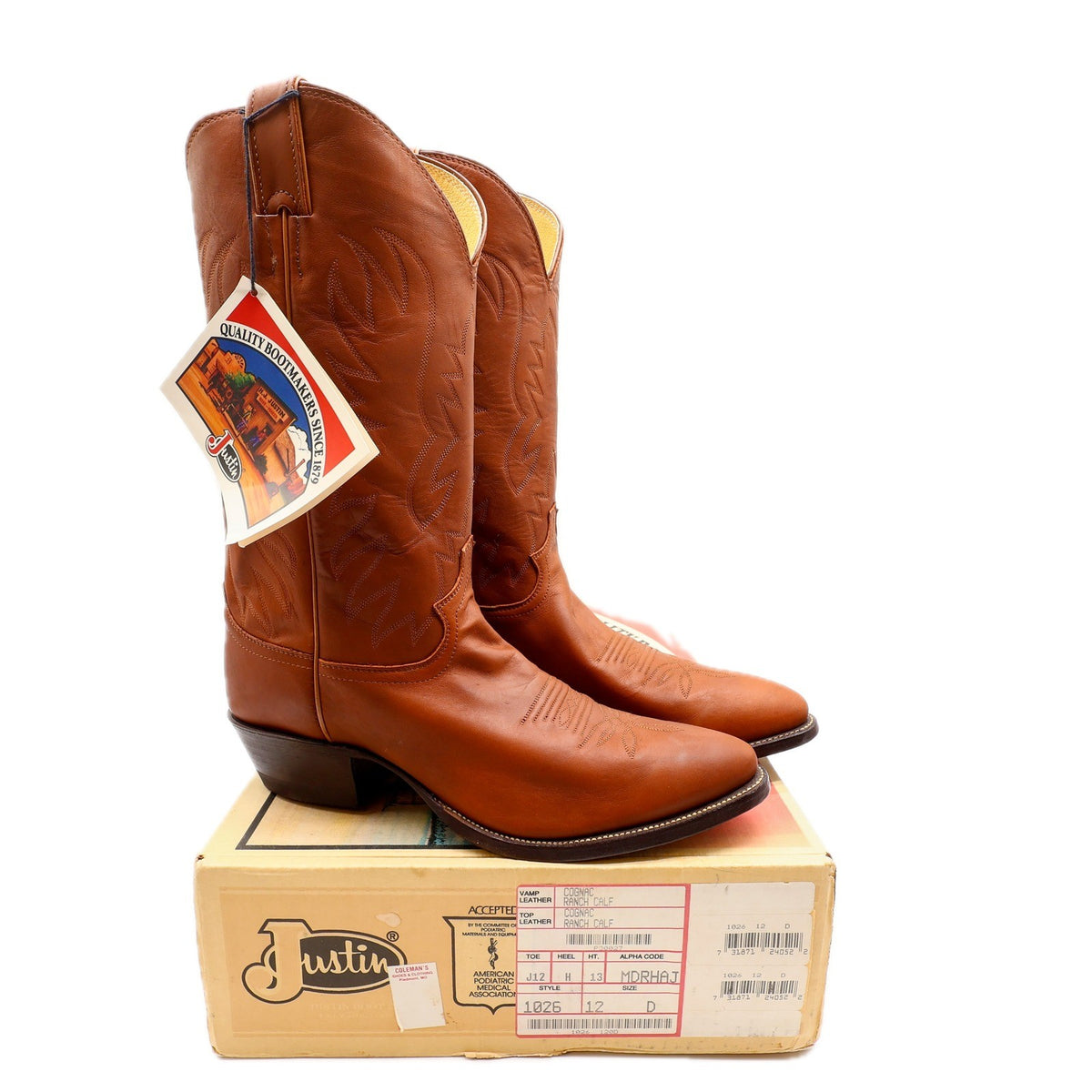 Justin Cowboy Boots Mens 12 D Cognac Ranch Calf Leather Western Deadstock 1026 - take2supply