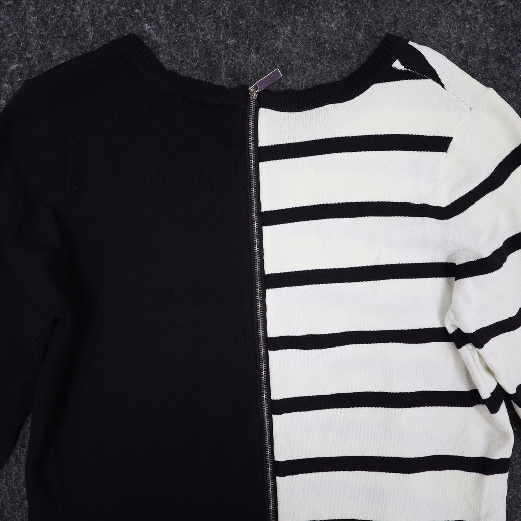 Lanalee Montreal Sweater Womens Large Black White Striped Colorblock Zip Back - take2supply