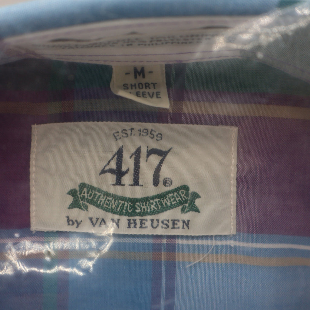 Van Heusen 417 Shirt Mens Medium Vintage 90s Plaid Short Sleeve Deadstock Blue - take2supply