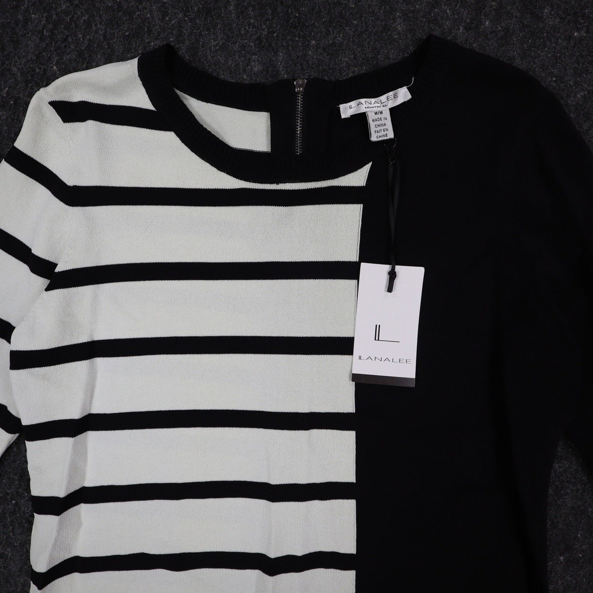 Lana Lee Sweater Womens M/L Black White Striped Colorblock Back Zip Knit Top - take2supply