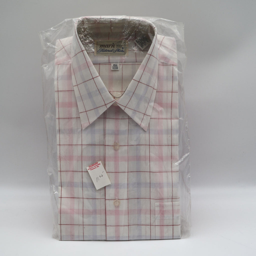 Mark VII Dress Shirt Mens 15.5 32/33 Vintage 70s White Red Blue Plaid Deadstock - take2supply