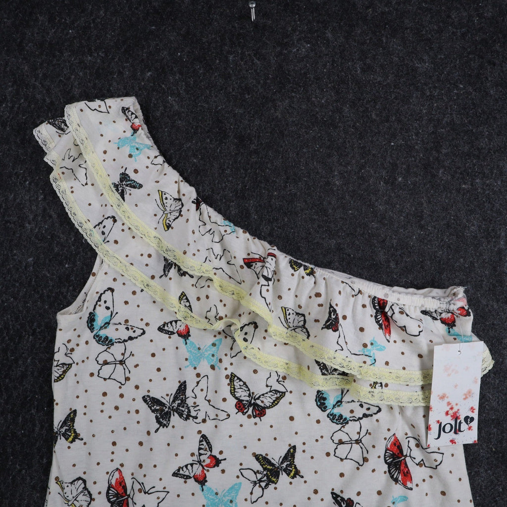 Jolt One Shoulder Top Womens Medium NWT Butterfly Print Ruffle Lace Trim Cream - take2supply