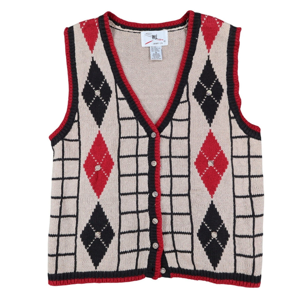 SML Sport Ltd Sweater Vest Womens M Vintage 1996 Argyle Knit Tan Red Black - take2supply
