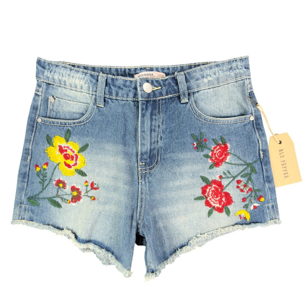 Blu Pepper Modern Floral Embroidered Denim Shorts Womens S Blue NWT - take2supply