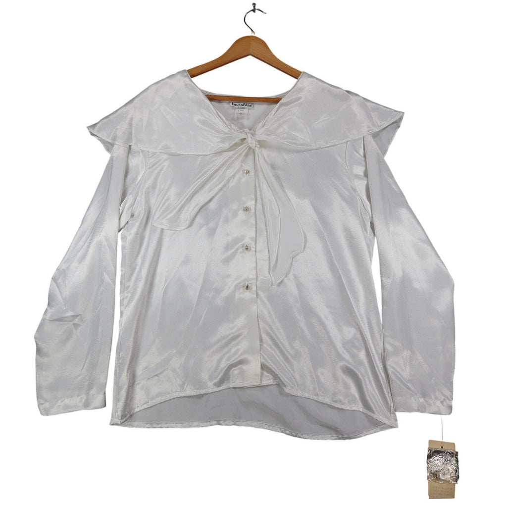 Laura Mae Blouse Womens 12 Vintage 80s White Satin Sailor Collar Tie Neck 6620 - take2supply