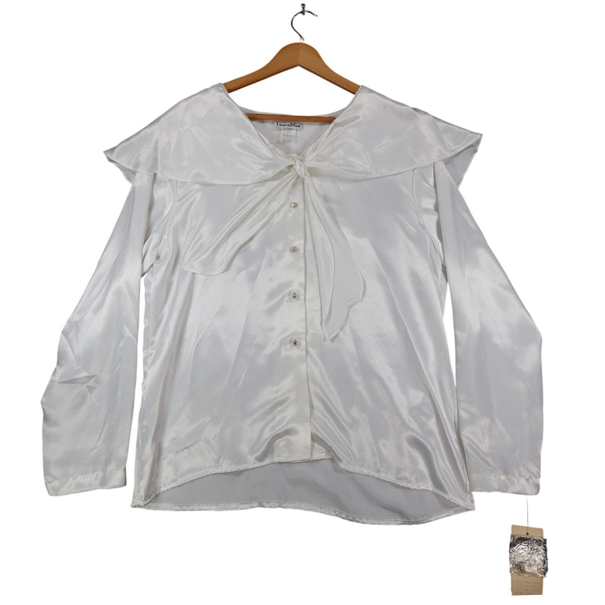 Laura Mae Blouse Womens 12 Vintage 80s White Satin Sailor Collar Tie Neck 6620 - take2supply