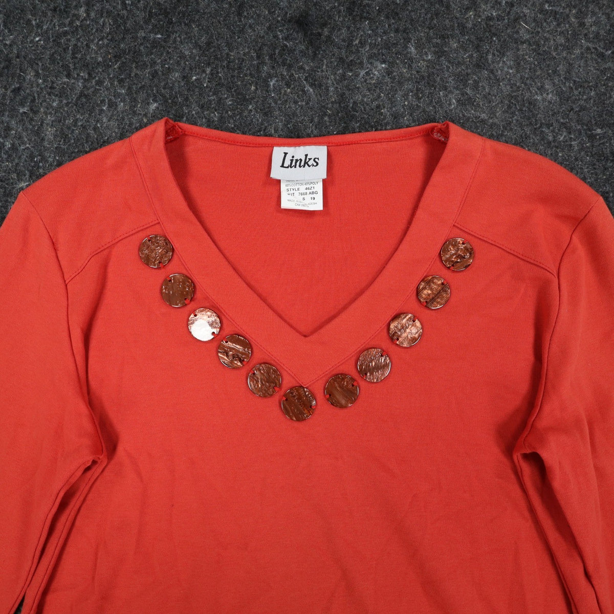 Links 3/4 Sleeve V-Neck Top Small Vintage Y2K Red Beaded Embellished - take2supply