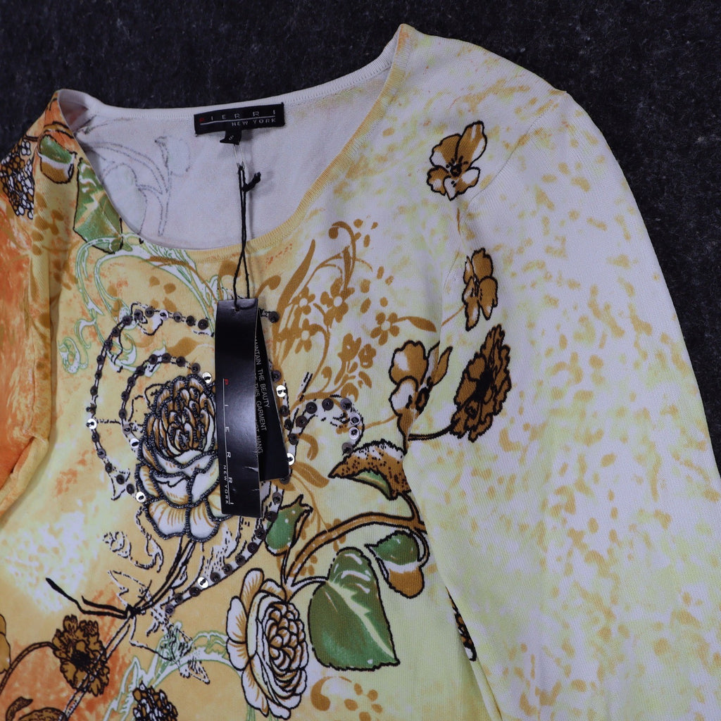 Pierri New York Top Womens Small Y2K Yellow Orange Beaded Floral Sequin A9067 - take2supply