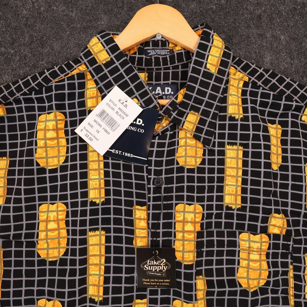 K.A.D. Button Up Shirt Mens XL Black New Tiki Abstract Grid Vintage - take2supply