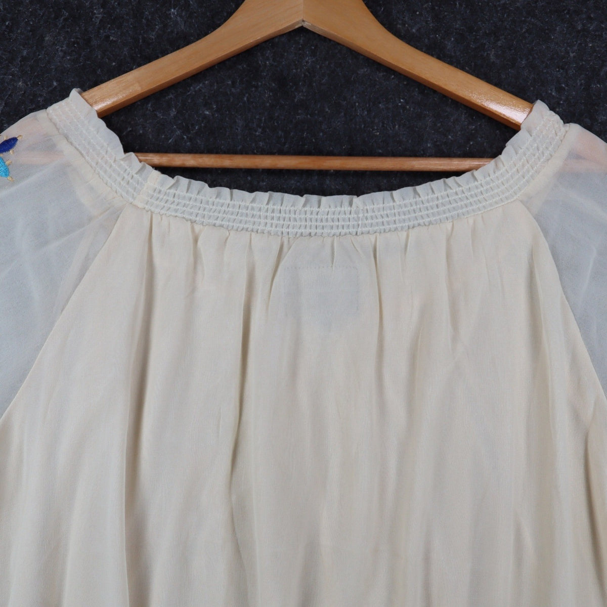 Angie Embroidered Smocked Blouse Womens Size Medium Ivory Boho Sheer Sleeve Top - take2supply