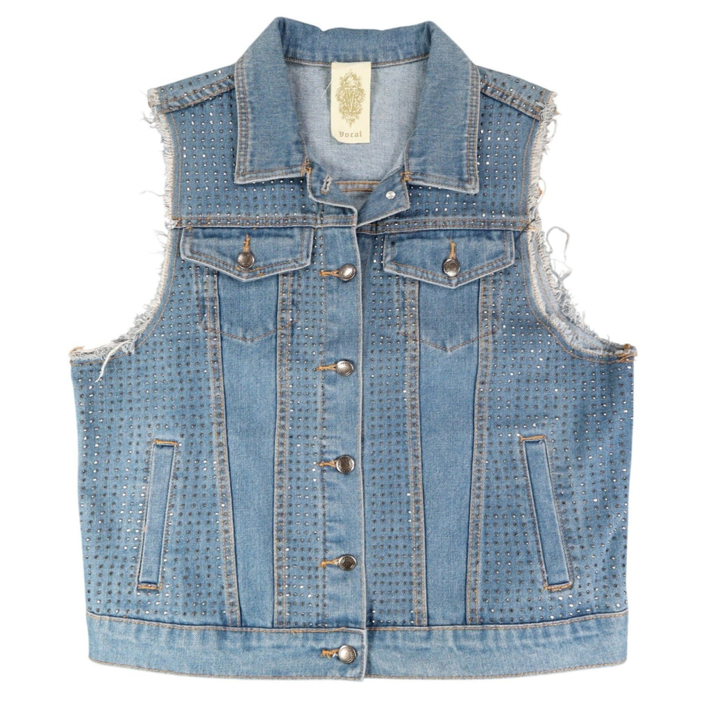 Vocal Denim Vest Womens Large Blue Light Wash Rhinestone Studded Frayed Y2K - take2supply