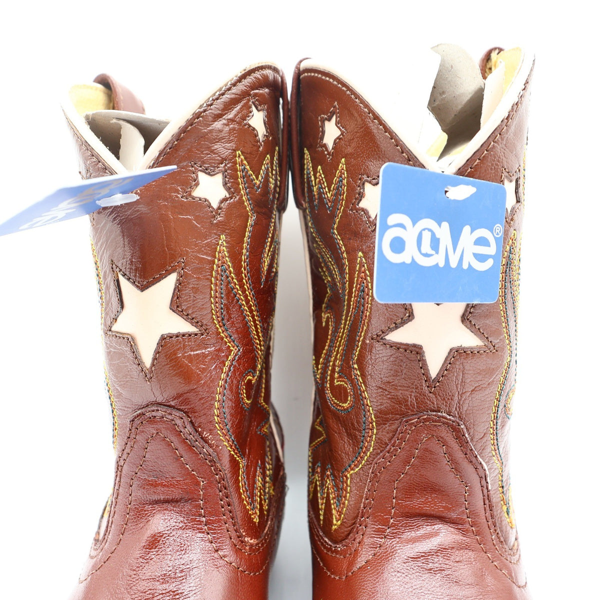 Acme Vintage Style Western Boots Kids 3 Brown Leather NWT AC146 Star Inlay - take2supply