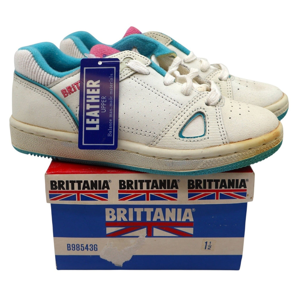 Brittania Sneakers Kids Size 1.5 Vintage 80s White Leather Teal Pink B98543G - take2supply