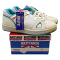 Brittania Sneakers Kids Size 1.5 Vintage 80s White Leather Teal Pink B98543G - take2supply