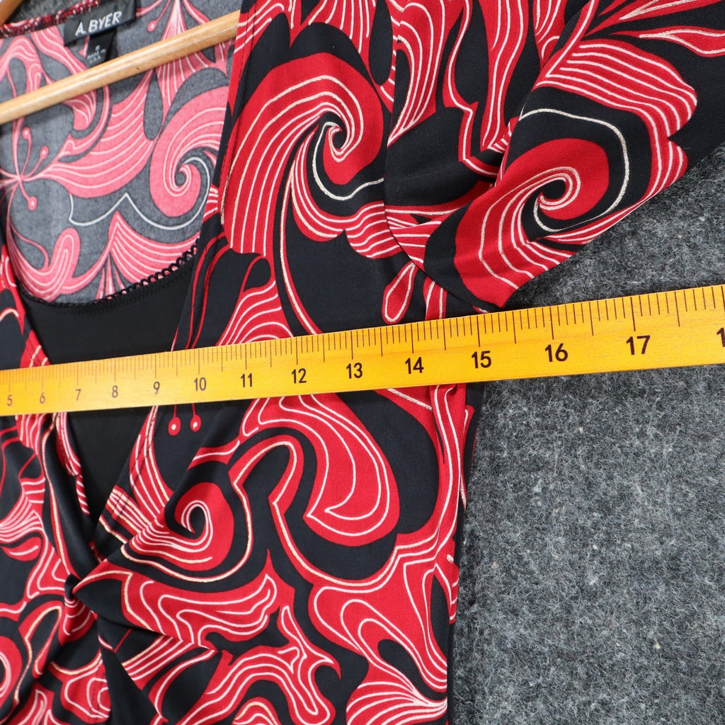 A. Byer Top Womens Small Y2K Red Black Floral Swirl Faux Wrap Twist Front NWT - take2supply
