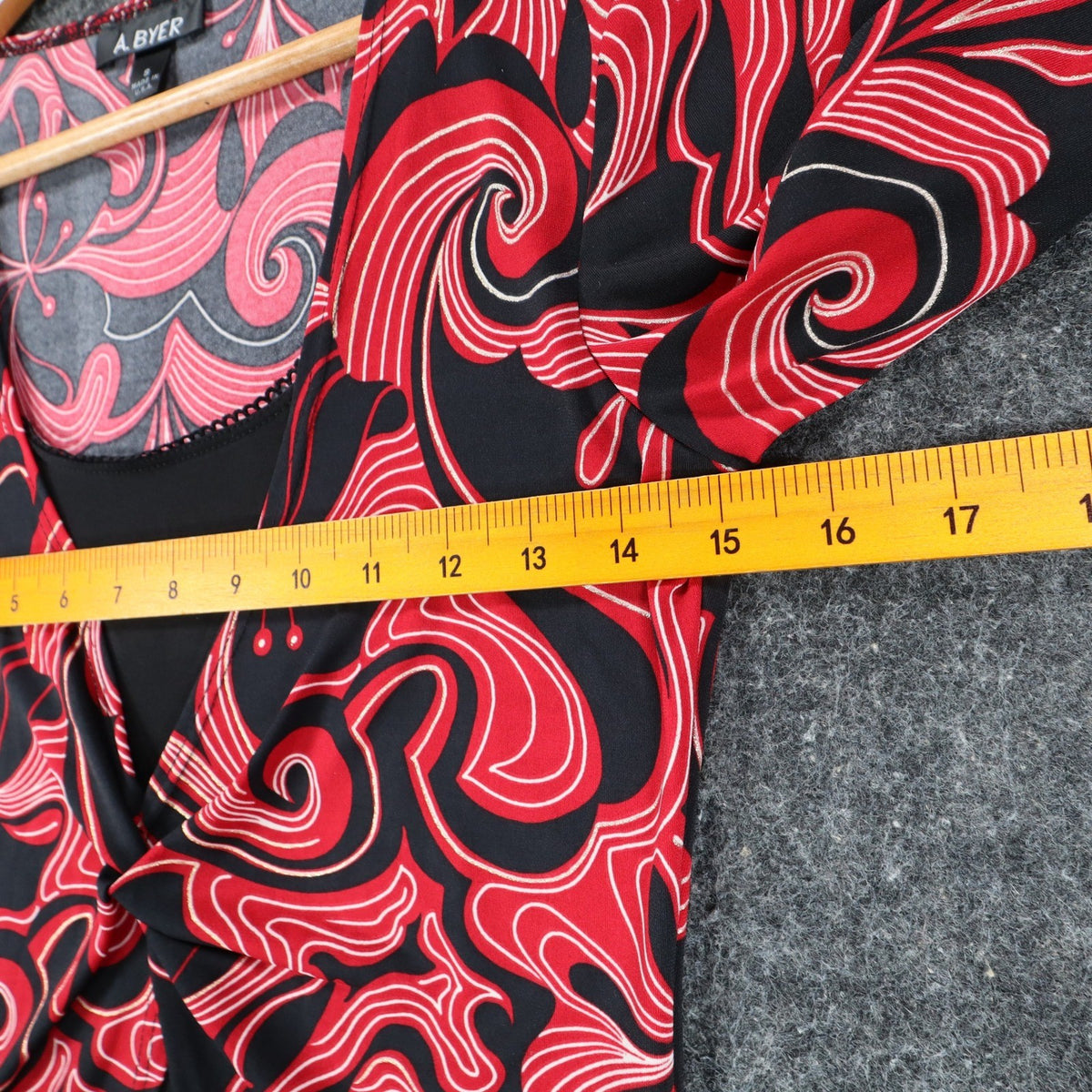 A. Byer Top Womens Small Y2K Red Black Floral Swirl Faux Wrap Twist Front NWT - take2supply