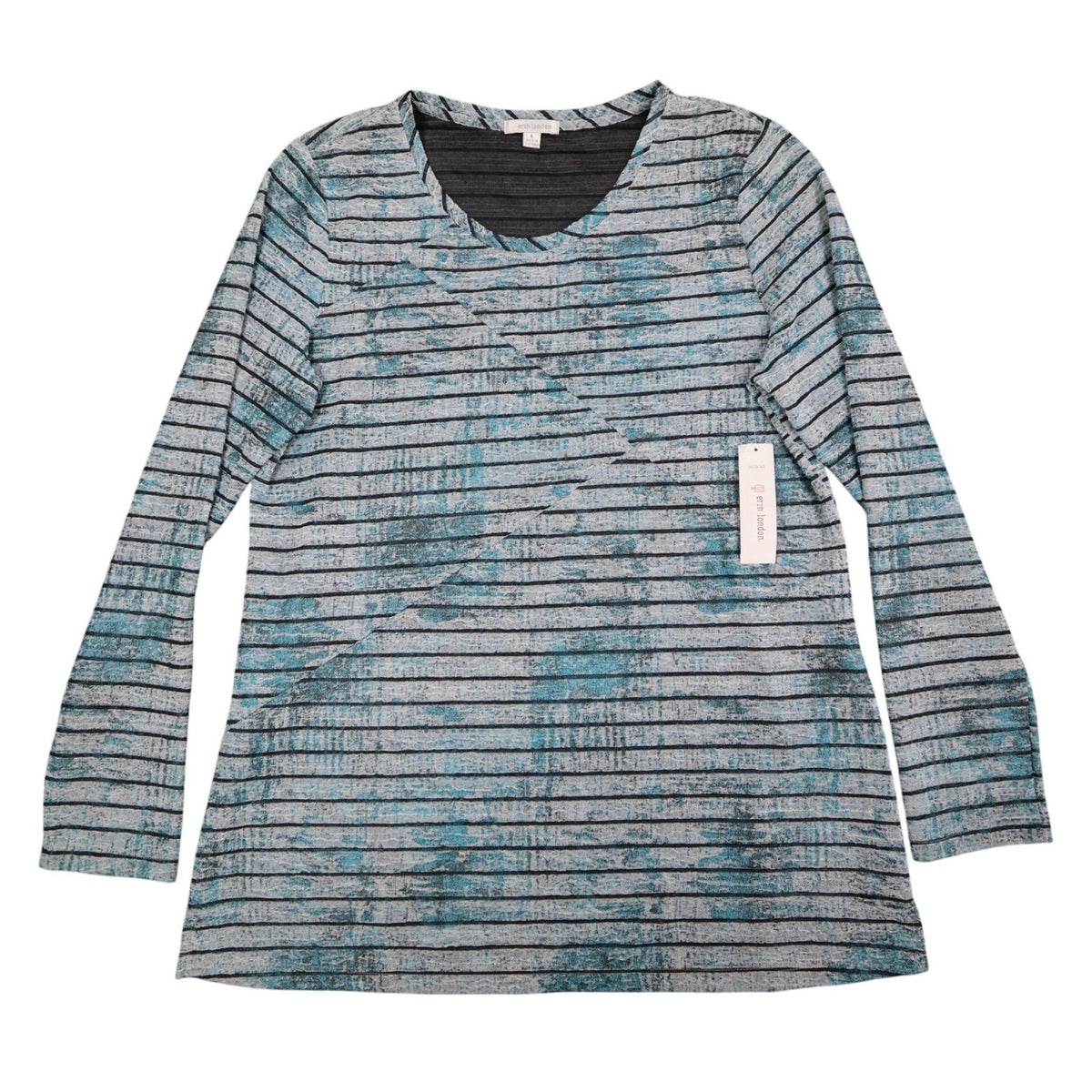 Erin London Top Womens Large Blue Grey Striped Long Sleeve Crew Neck - take2supply