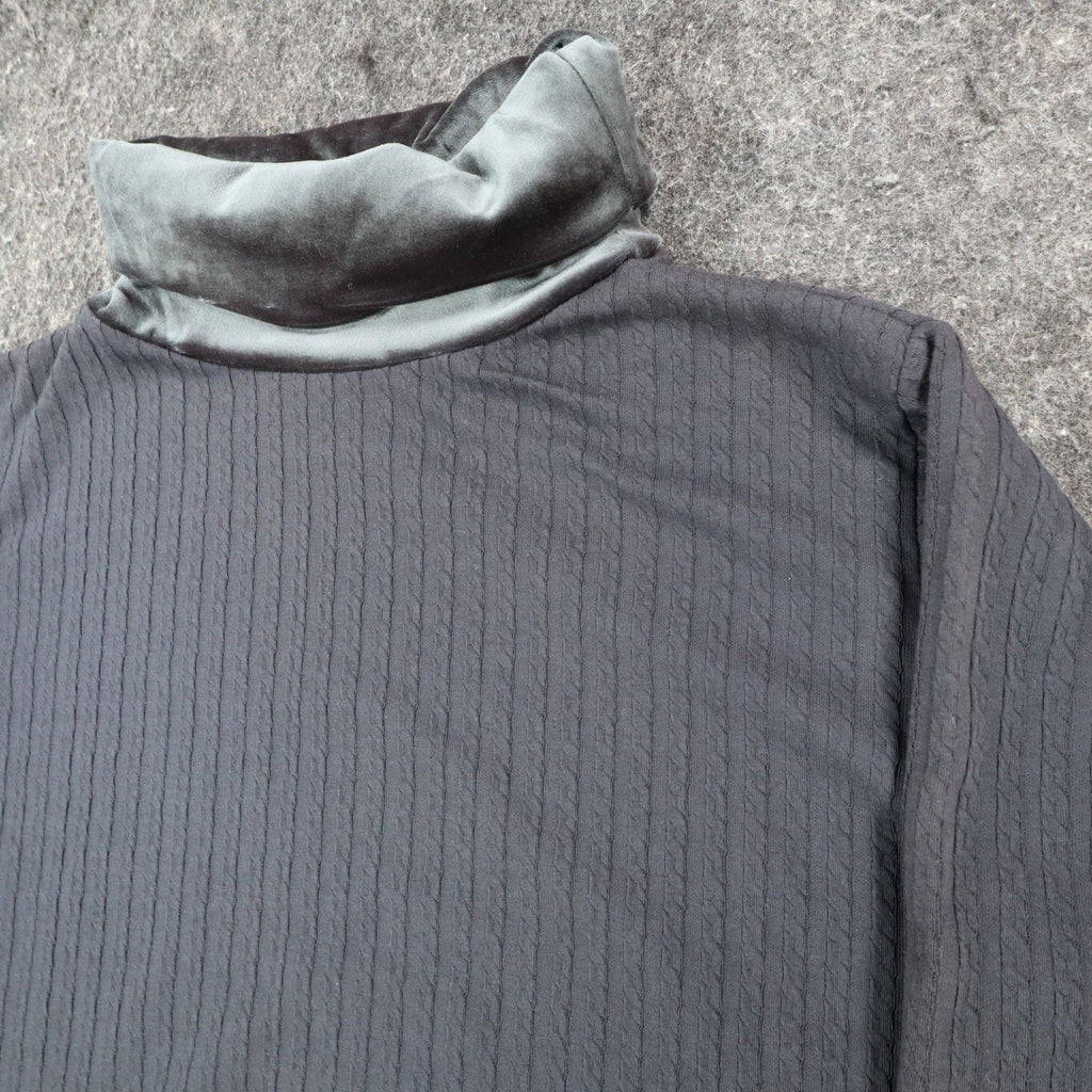 Jessica Roberts Turtleneck Top Womens Small Vintage Black Velvet Trim Cable Knit - take2supply