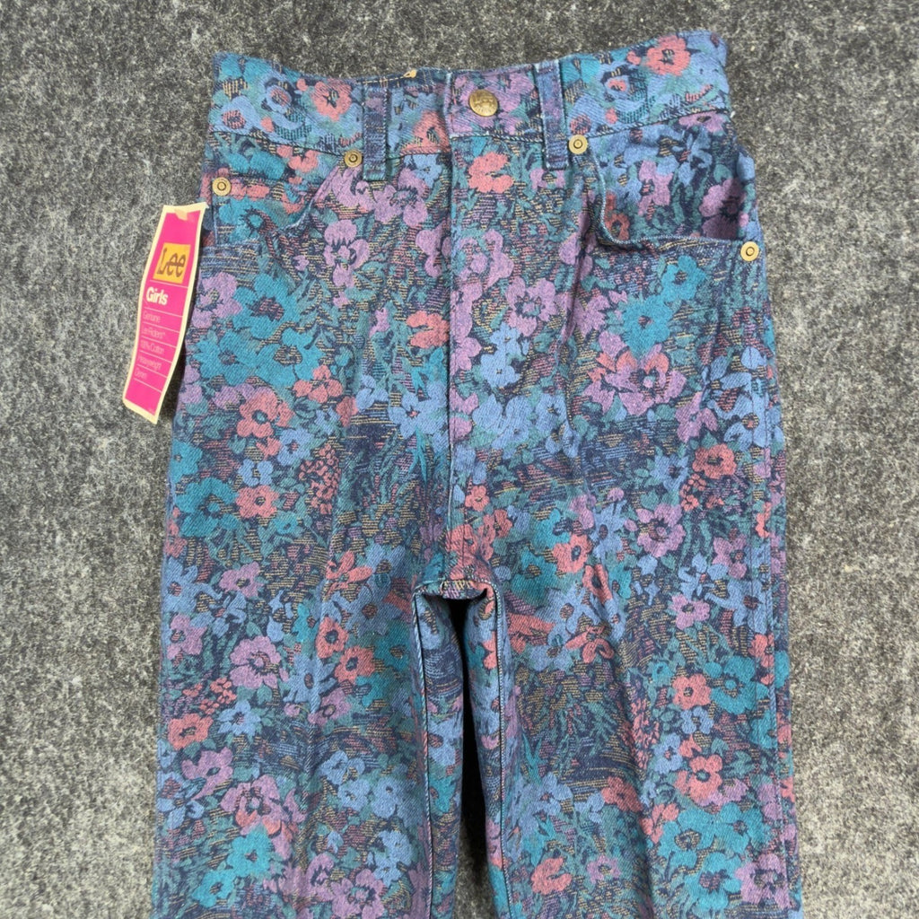 Lee Vintage 90s Floral Tapestry Jeans Girls 12 Slim Blue Cotton Deadstock NWT - take2supply