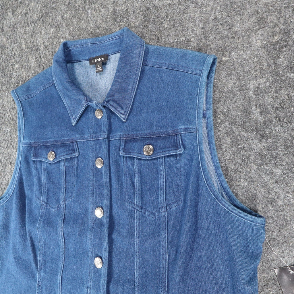 Links Denim Vest Womens XL Blue Stretch Button Front Sleeveless Jean Jacket NEW - take2supply