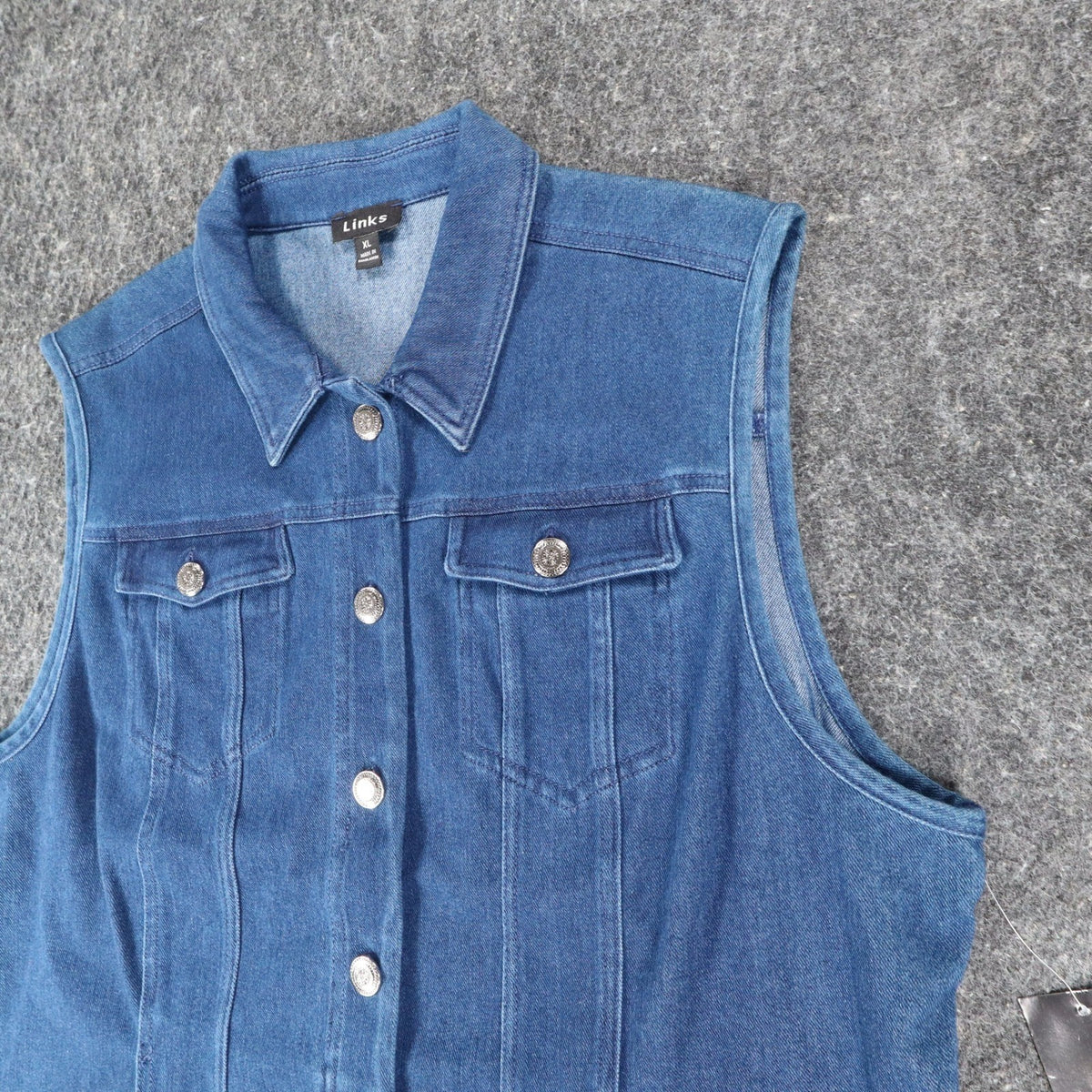 Links Denim Vest Womens XL Blue Stretch Button Front Sleeveless Jean Jacket NEW - take2supply