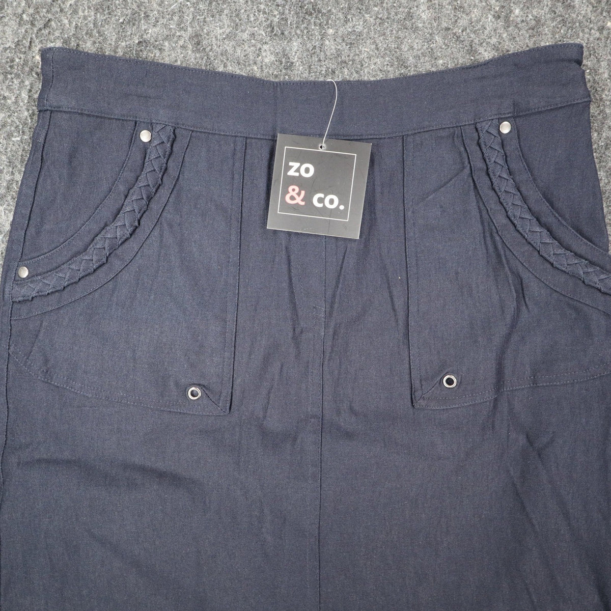 Zo & Co. Skirt Women 6 Navy Blue Braided Trim Utility Pocket Rayon Blend C1-905 - take2supply