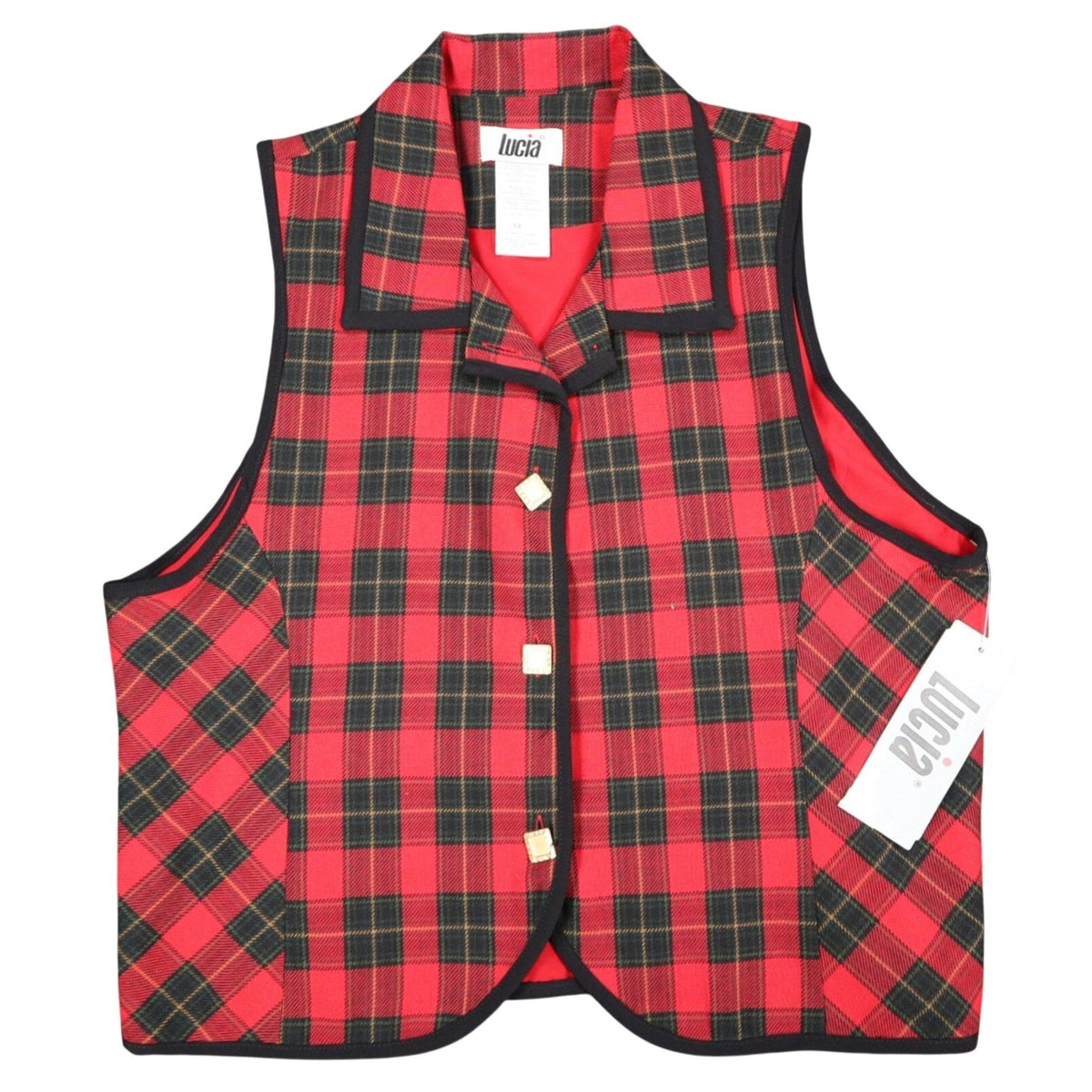 Lucia Plaid Vest Womens Size 12 Vintage 90s Red Tartan Button Front Made in USA - take2supply