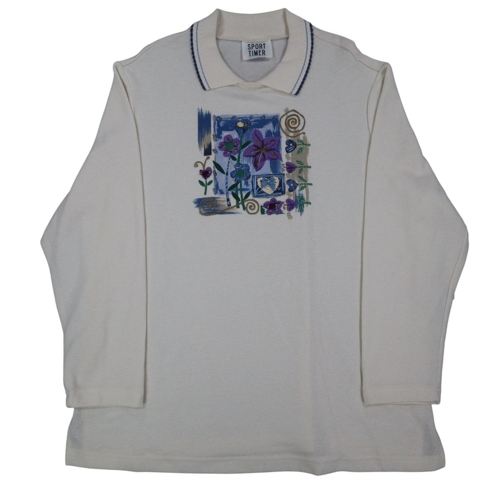Sport Timer Floral Polo Shirt Womens XL Vintage 90s Cream Made in USA NEW - take2supply
