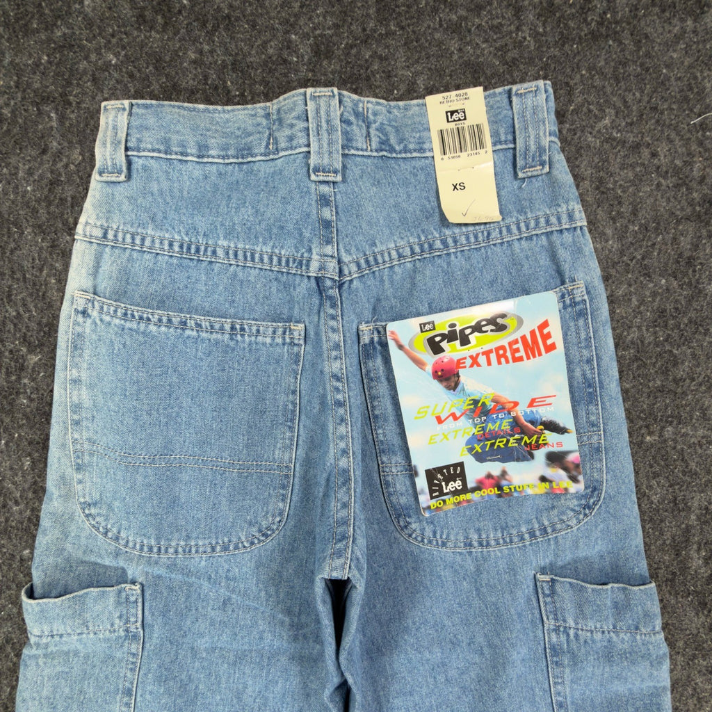 Lee Pipes Y2K Extreme Super Wide Leg Jeans Boys XS Blue Denim NWT Vintage Skater - take2supply