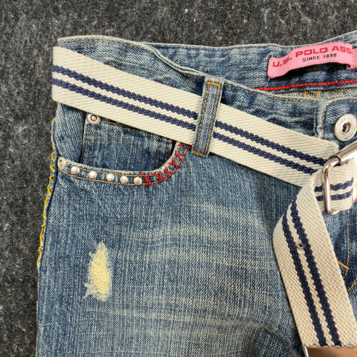 US Polo Assn Y2K Butterfly Jeans Girls 12 Blue Denim Flare Belted USPA NWT - take2supply