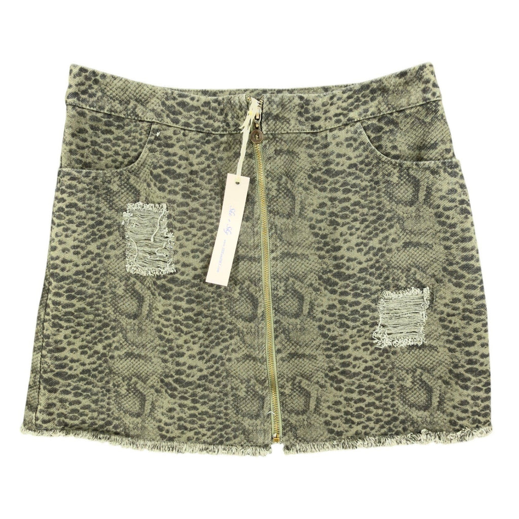 She + Sky Snake Print Denim Mini Skirt Women Large Green Distressed NWT - take2supply