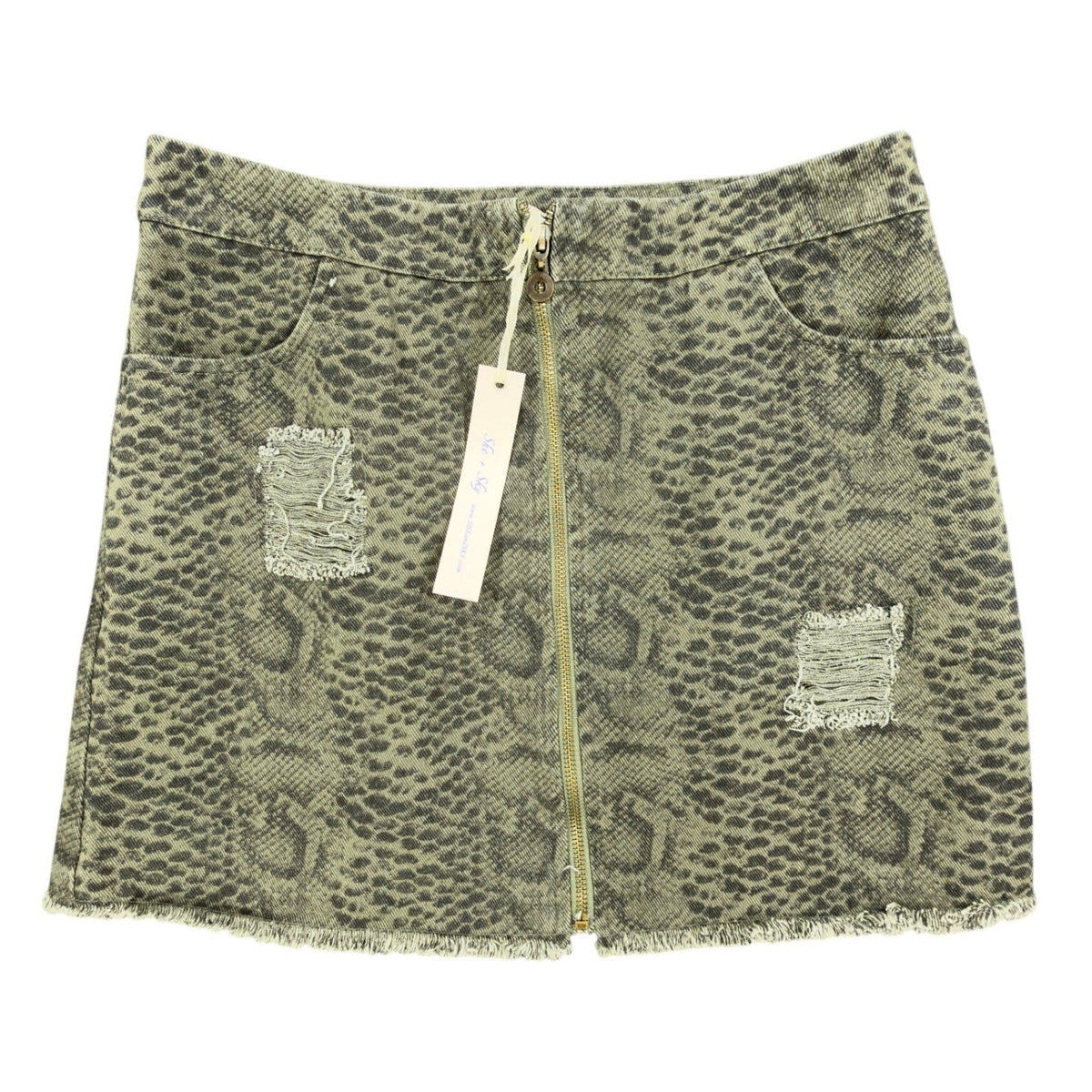 She + Sky Snake Print Denim Mini Skirt Women Large Green Distressed NWT - take2supply