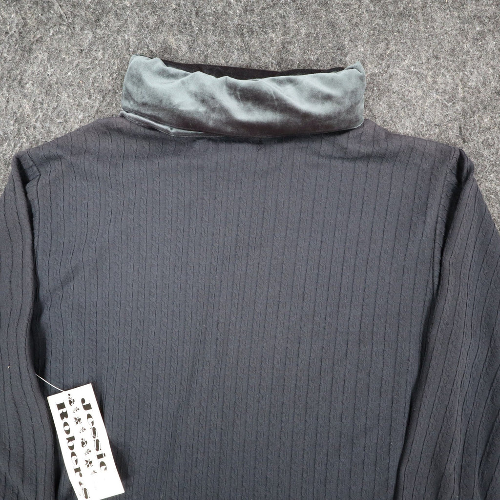 Jessica Roberts Turtleneck Top Womens Small Vintage Black Velvet Trim Cable Knit - take2supply