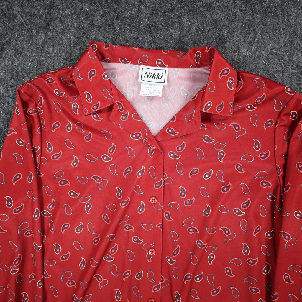 Nikki Blouse Womens 14 Vintage 90s Rust Red Paisley Polyester Button Up Shirt - take2supply