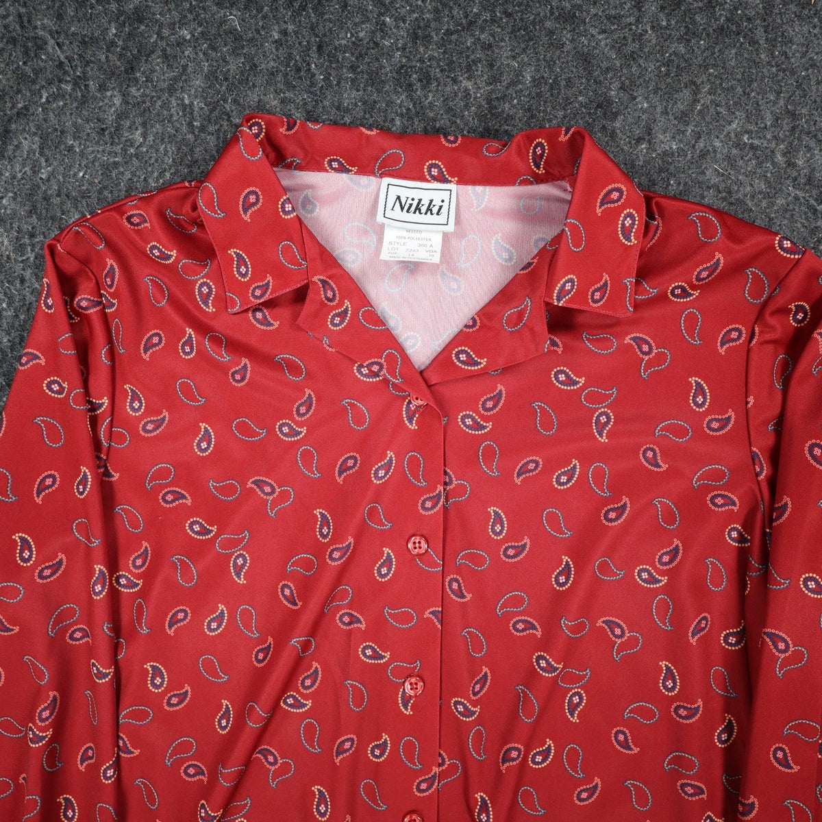 Nikki Blouse Womens 14 Vintage 90s Rust Red Paisley Polyester Button Up Shirt - take2supply