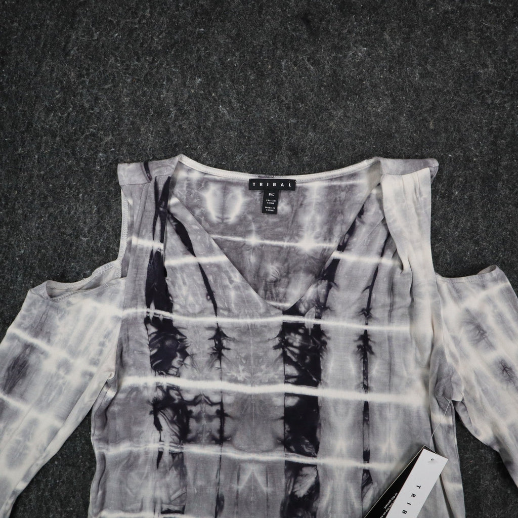 Tribal Cold Shoulder Top Womens Small Gray White Tie Dye Rayon Stretch V-Neck - take2supply